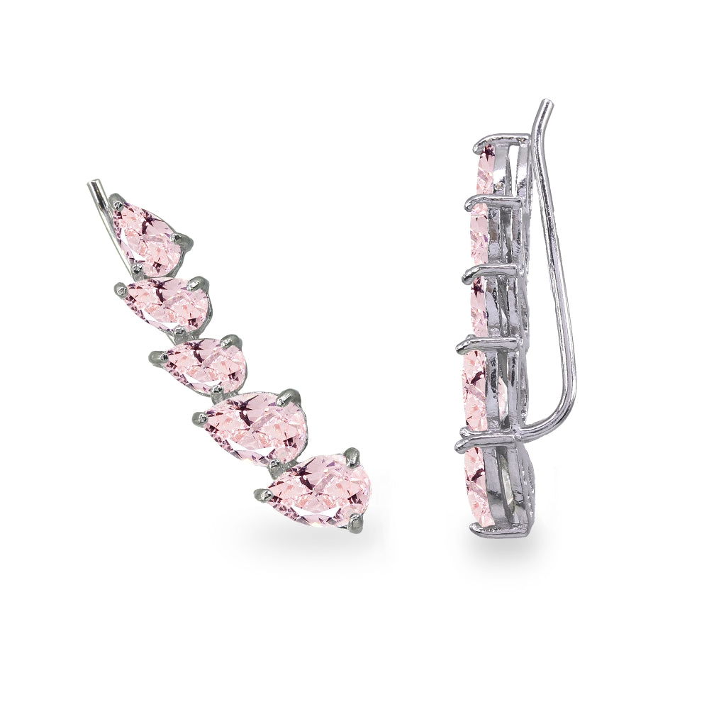 Sterling Silver Created Morganite Teardrop Curved Climber Crawler Earrings