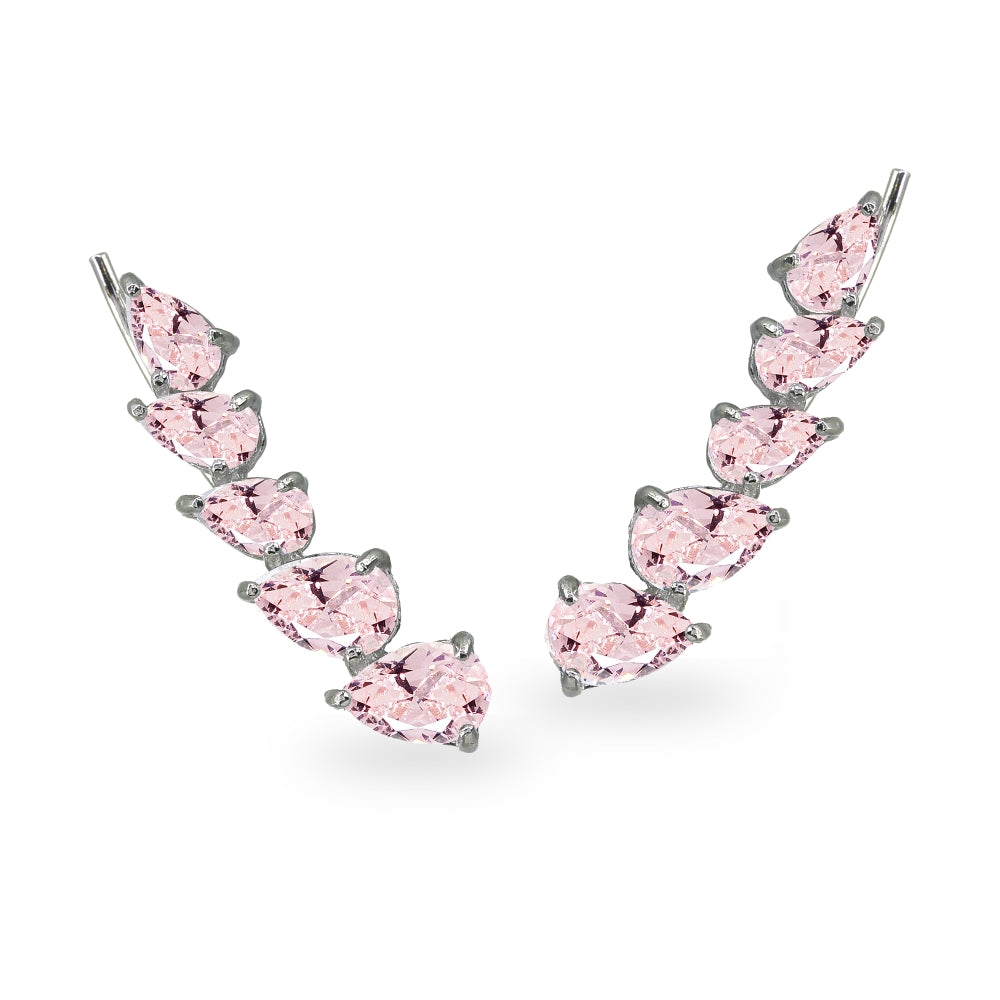 Sterling Silver Created Morganite Teardrop Curved Climber Crawler Earrings-4