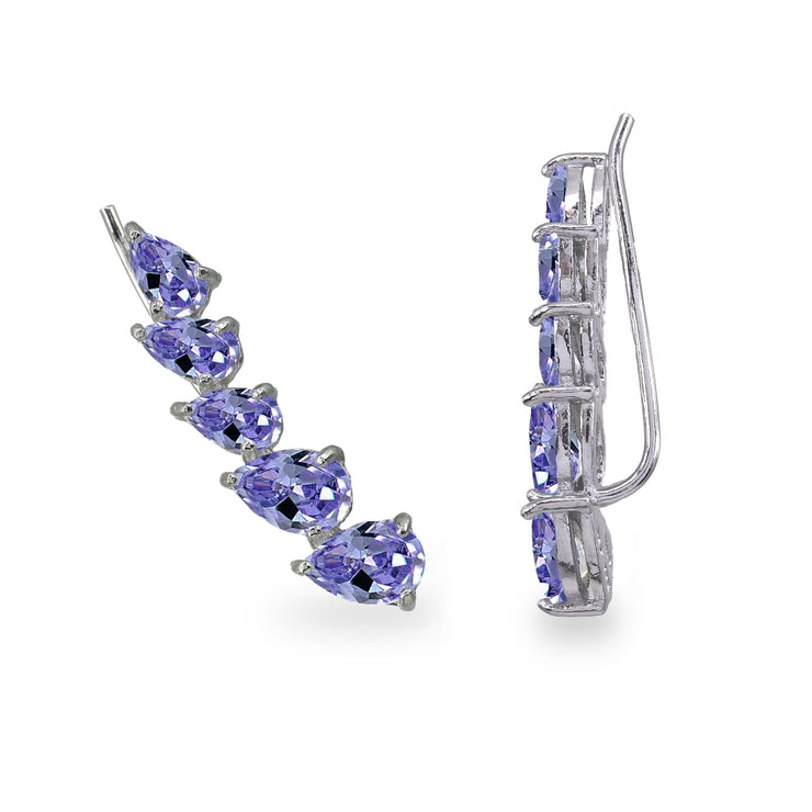 Sterling Silver Created Tanzanite Teardrop Curved Climber Crawler Earrings