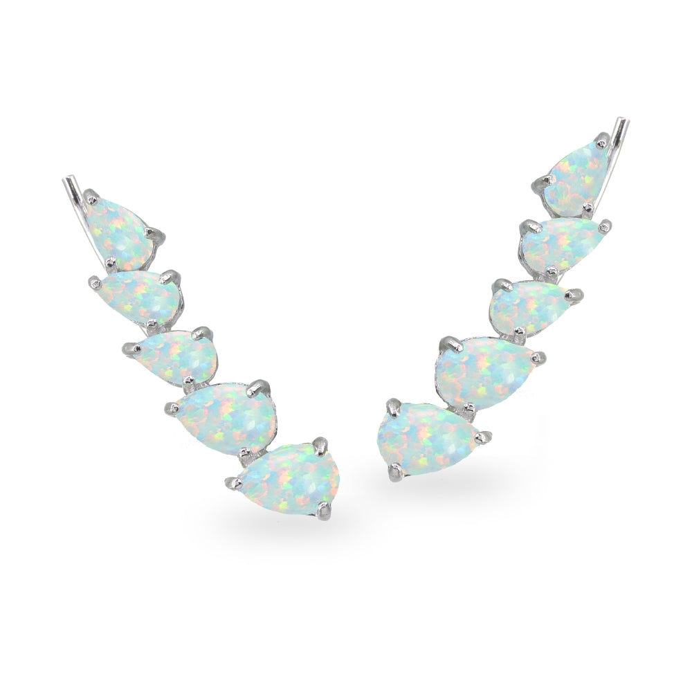 Sterling Silver Created Opal Teardrop Curved Climber Crawler Earrings