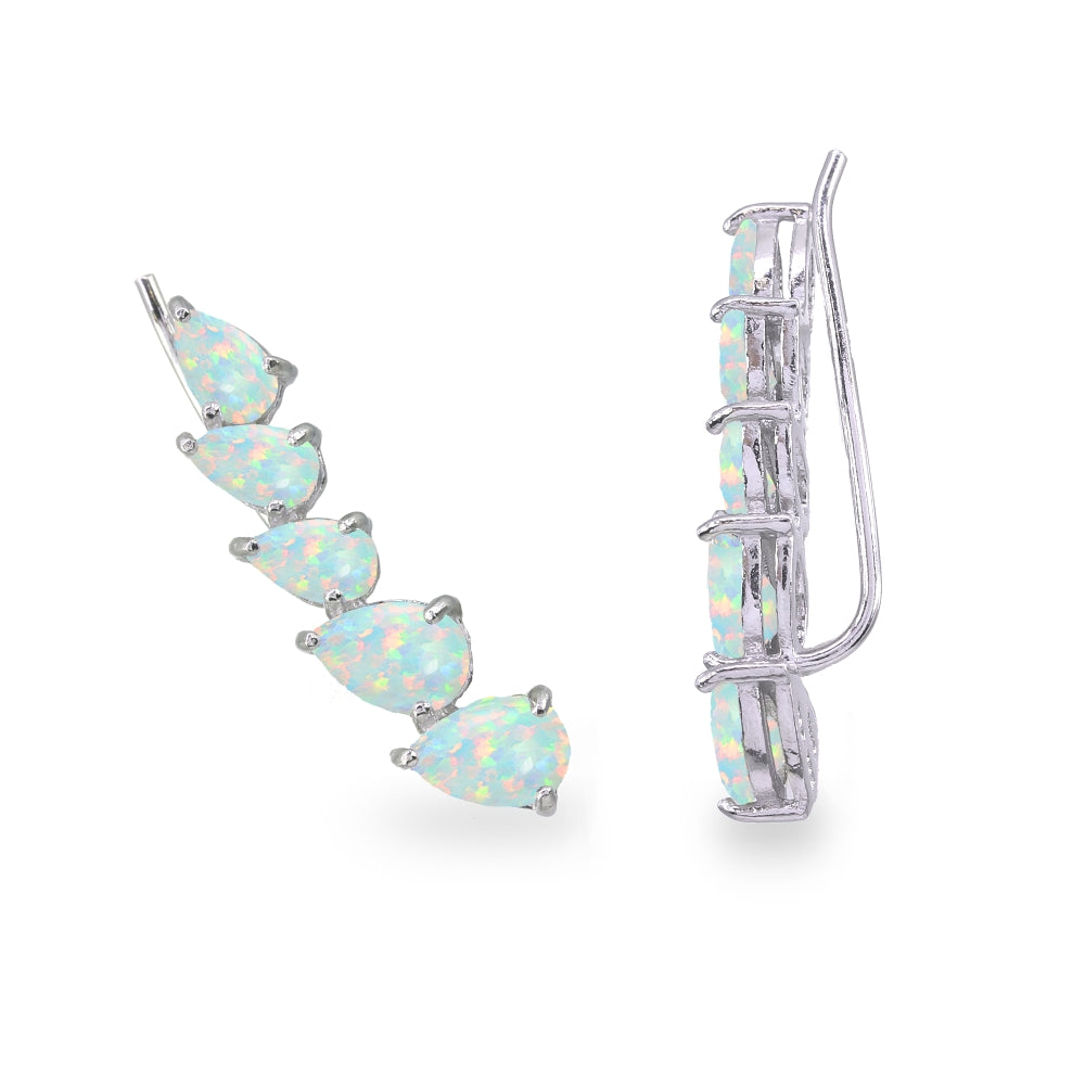 Sterling Silver Created Opal Teardrop Curved Climber Crawler Earrings-3