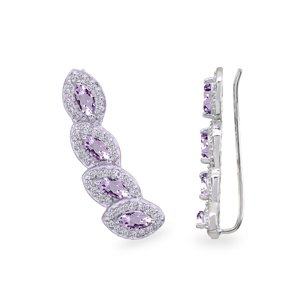 Sterling Silver Amethyst & White Topaz Marquise Halo Climber Crawler Earrings-3