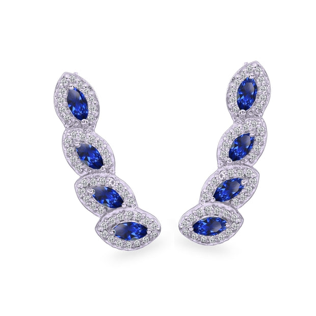 Sterling Silver Created Blue Sapphire & White Topaz Marquise Halo Climber Crawler Earrings