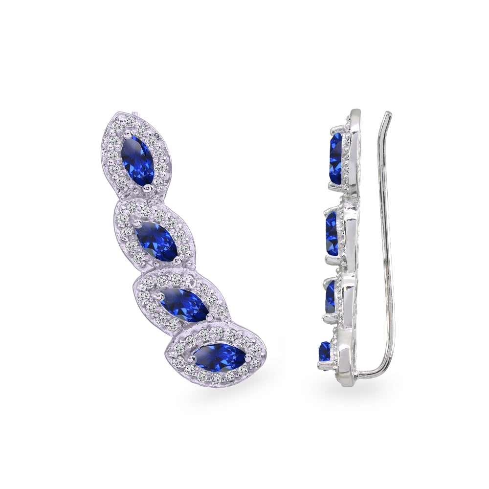 Sterling Silver Created Blue Sapphire & White Topaz Marquise Halo Climber Crawler Earrings-3