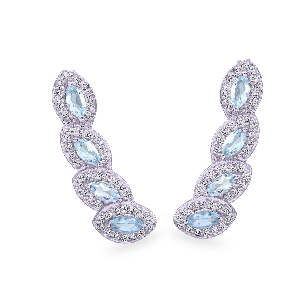 Sterling Silver Blue & White Topaz Marquise Halo Climber Crawler Earrings