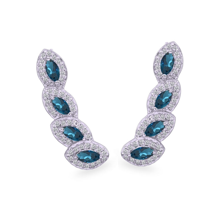 Sterling Silver London Blue & White Topaz Marquise Halo Climber Crawler Earrings