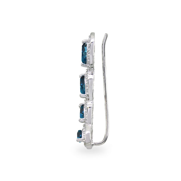 Sterling Silver London Blue & White Topaz Marquise Halo Climber Crawler Earrings