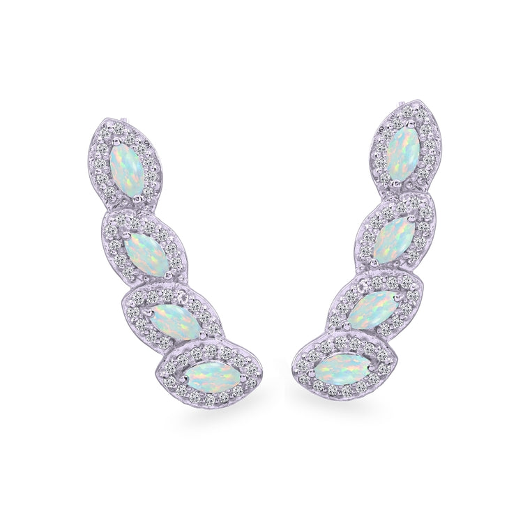 Sterling Silver Created Opal & White Topaz Marquise Halo Climber Crawler Earrings