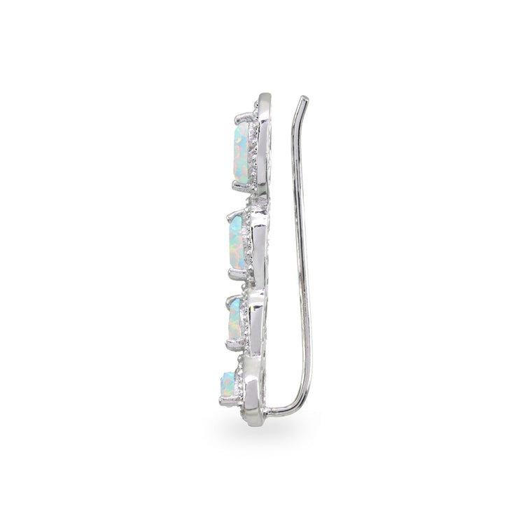Sterling Silver Created Opal & White Topaz Marquise Halo Climber Crawler Earrings