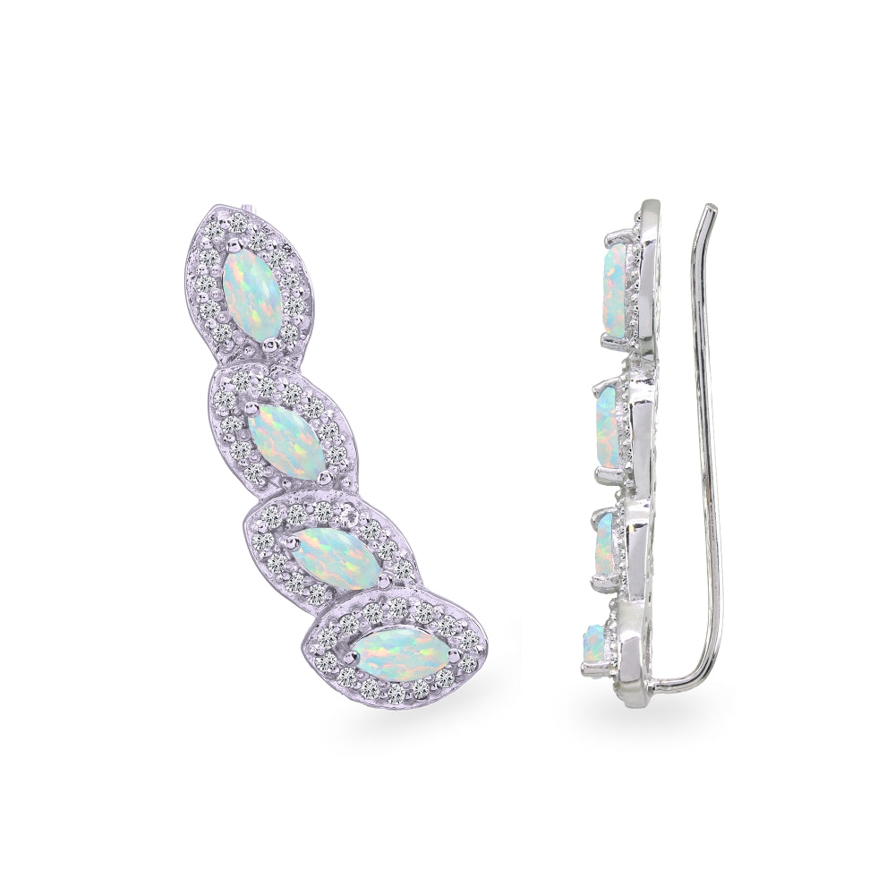 Sterling Silver Created Opal & White Topaz Marquise Halo Climber Crawler Earrings-3