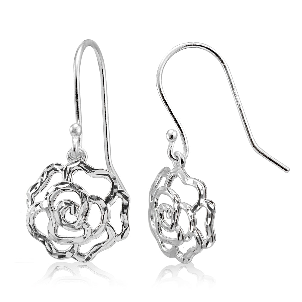 Sterling Silver High Polished Diamond-cut Filigree Rose Flower Dangle Earrings