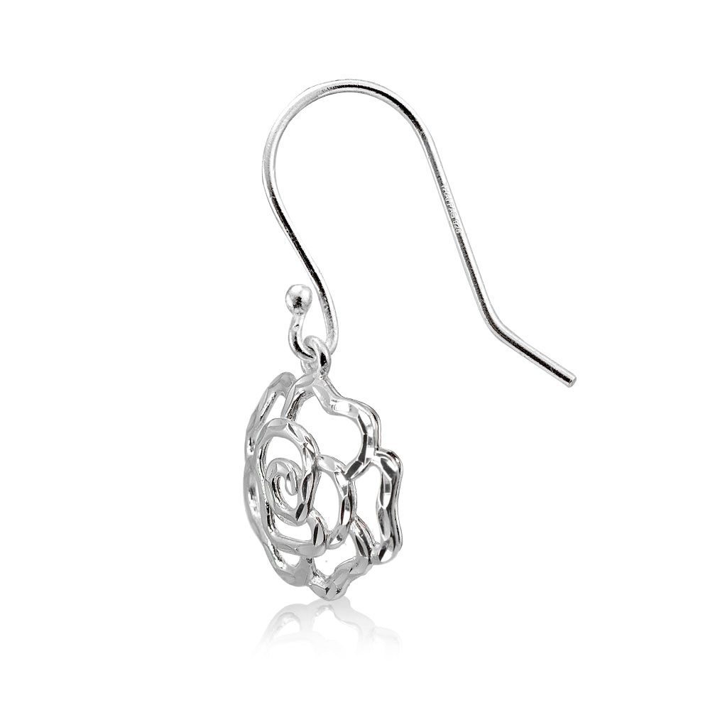 Sterling Silver High Polished Diamond-cut Filigree Rose Flower Dangle Earrings-2