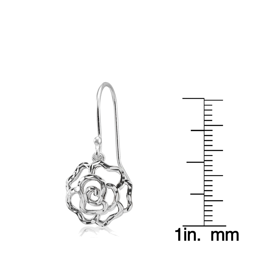 Sterling Silver High Polished Diamond-cut Filigree Rose Flower Dangle Earrings-3