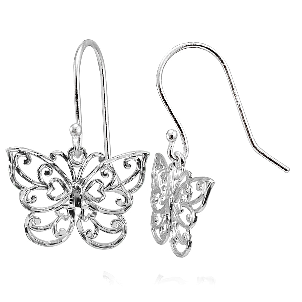 Sterling Silver High Polished Diamond-cut Filigree Butterfly Dangle Earrings