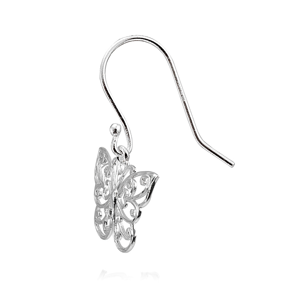 Sterling Silver High Polished Diamond-cut Filigree Butterfly Dangle Earrings-2