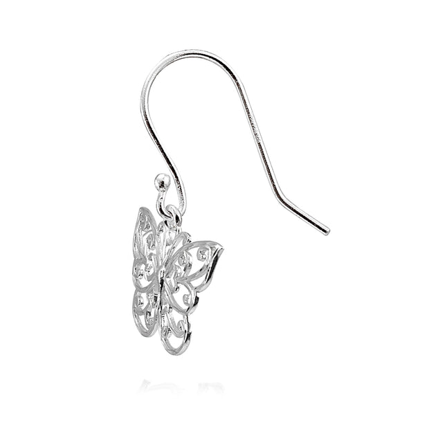 Sterling Silver High Polished Diamond-cut Filigree Butterfly Dangle Earrings