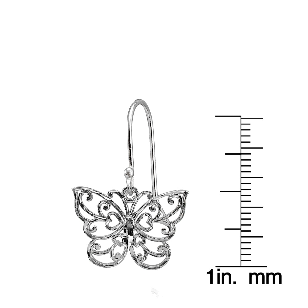 Sterling Silver High Polished Diamond-cut Filigree Butterfly Dangle Earrings-3