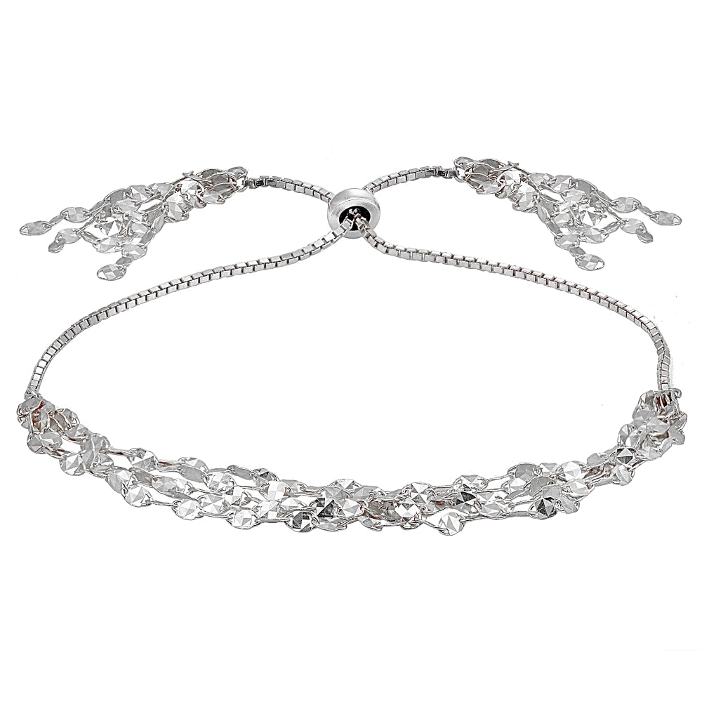 Sterling Silver Flat Fashion-Link Chain Layered Tassel Adjustable Bolo Bracelet