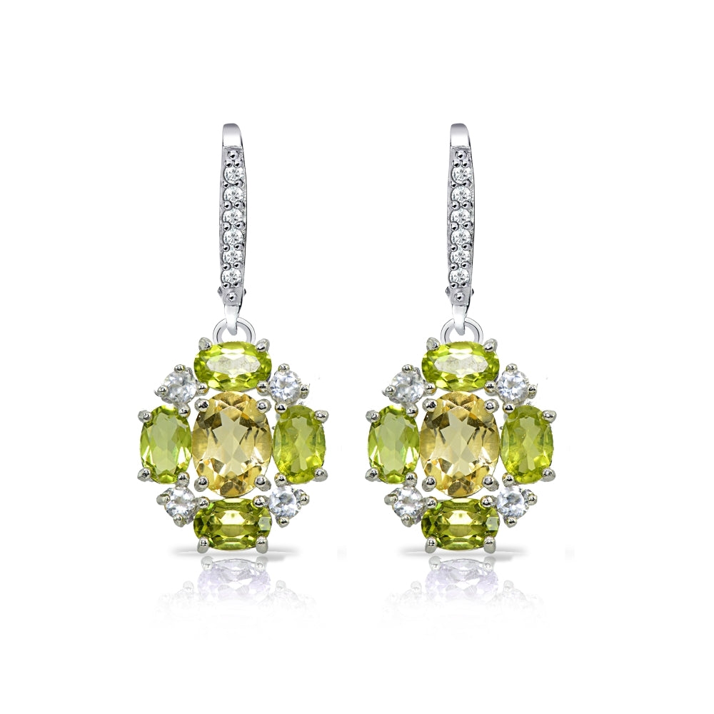 Sterling Silver Citrine and Peridot Oval Leverback Earrings with White Topaz Accents