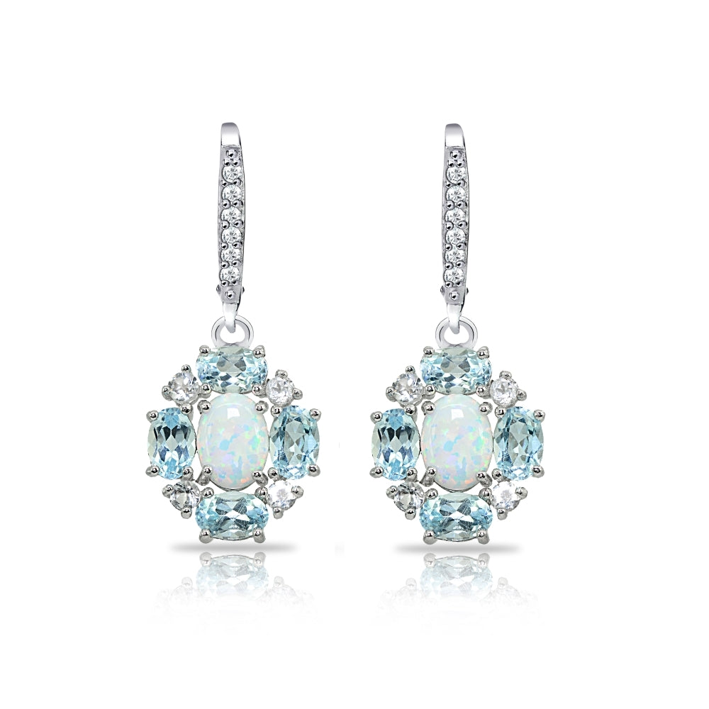Sterling Silver Created Opal and Blue Topaz Oval Leverback Earrings with White Topaz Accents