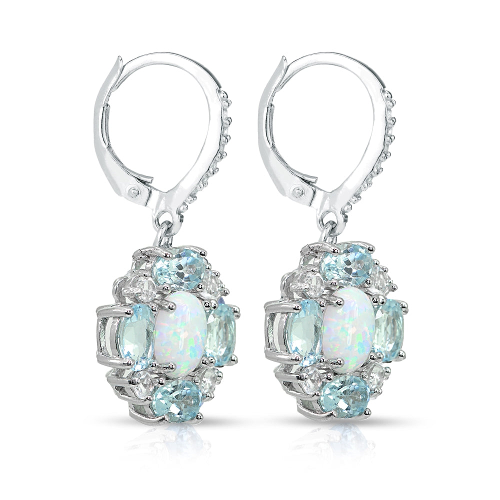 Sterling Silver Created Opal and Blue Topaz Oval Leverback Earrings with White Topaz Accents-3