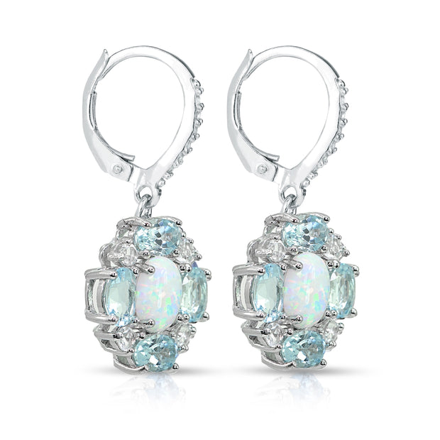 Sterling Silver Created Opal and Blue Topaz Oval Leverback Earrings with White Topaz Accents