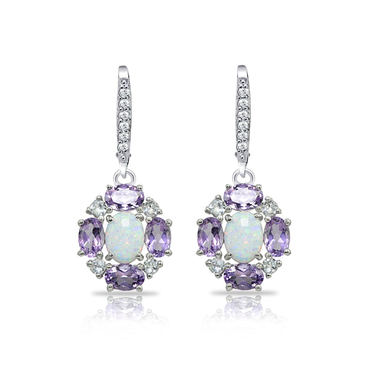 Sterling Silver Created Opal and Amethyst Oval Leverback Earrings with White Topaz Accents