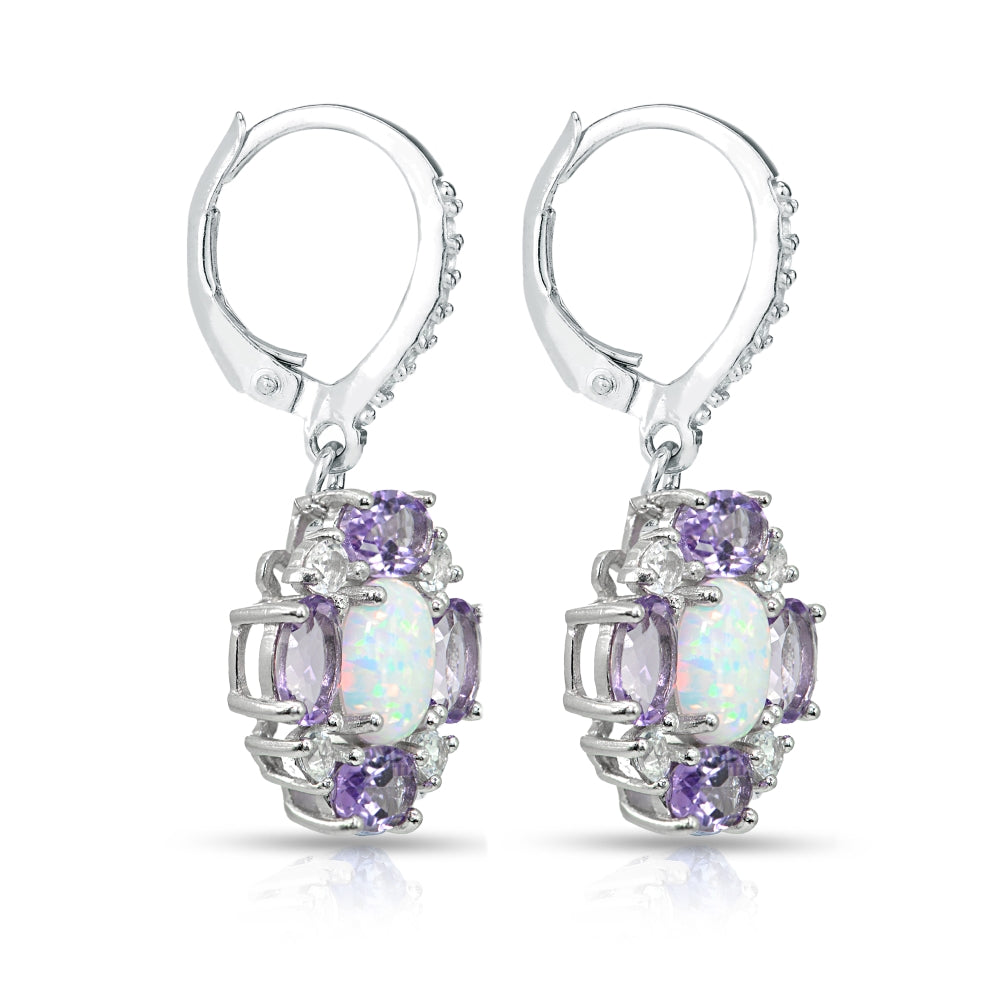 Sterling Silver Created Opal and Amethyst Oval Leverback Earrings with White Topaz Accents-3