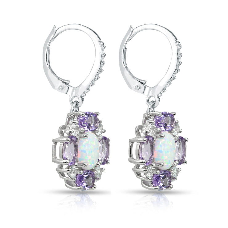 Sterling Silver Created Opal and Amethyst Oval Leverback Earrings with White Topaz Accents