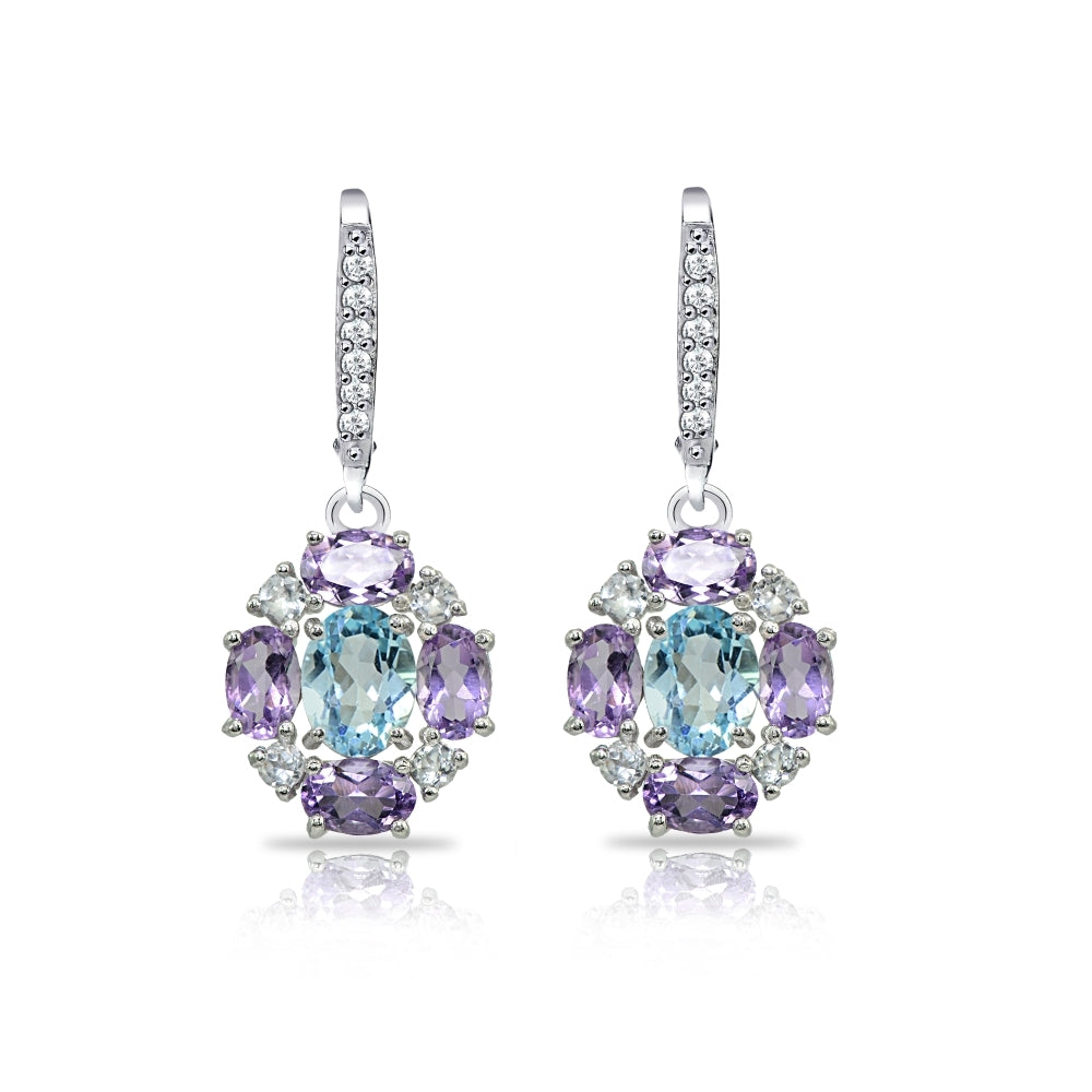 Sterling Silver Amethyst and Blue Topaz Oval Leverback Earrings with White Topaz Accents
