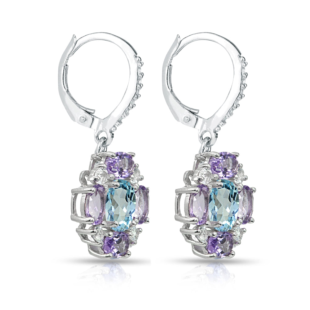 Sterling Silver Amethyst and Blue Topaz Oval Leverback Earrings with White Topaz Accents-2