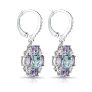 Sterling Silver Amethyst and Blue Topaz Oval Leverback Earrings with White Topaz Accents