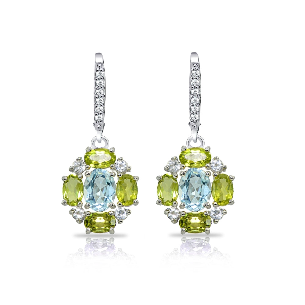 Sterling Silver Blue Topaz and Peridot Oval Leverback Earrings with White Topaz Accents