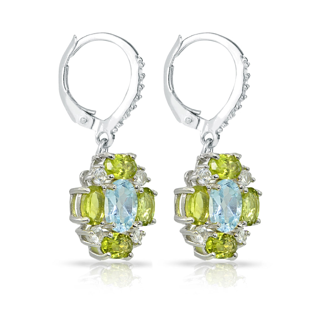 Sterling Silver Blue Topaz and Peridot Oval Leverback Earrings with White Topaz Accents-3