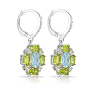 Sterling Silver Blue Topaz and Peridot Oval Leverback Earrings with White Topaz Accents