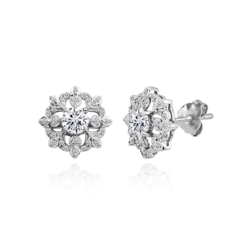 Sterling Silver Cubic Zirconia Round Snowflake Stud Earrings