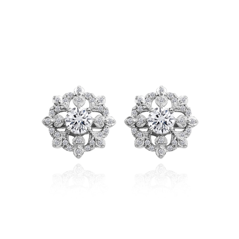 Sterling Silver Cubic Zirconia Round Snowflake Stud Earrings-2