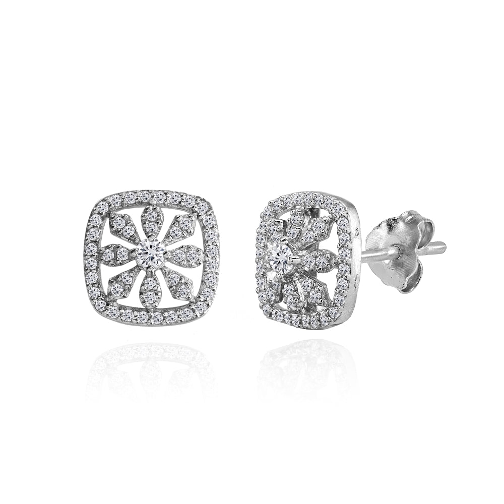 Sterling Silver Cubic Zirconia Flower Cushion-Shape Stud Earrings