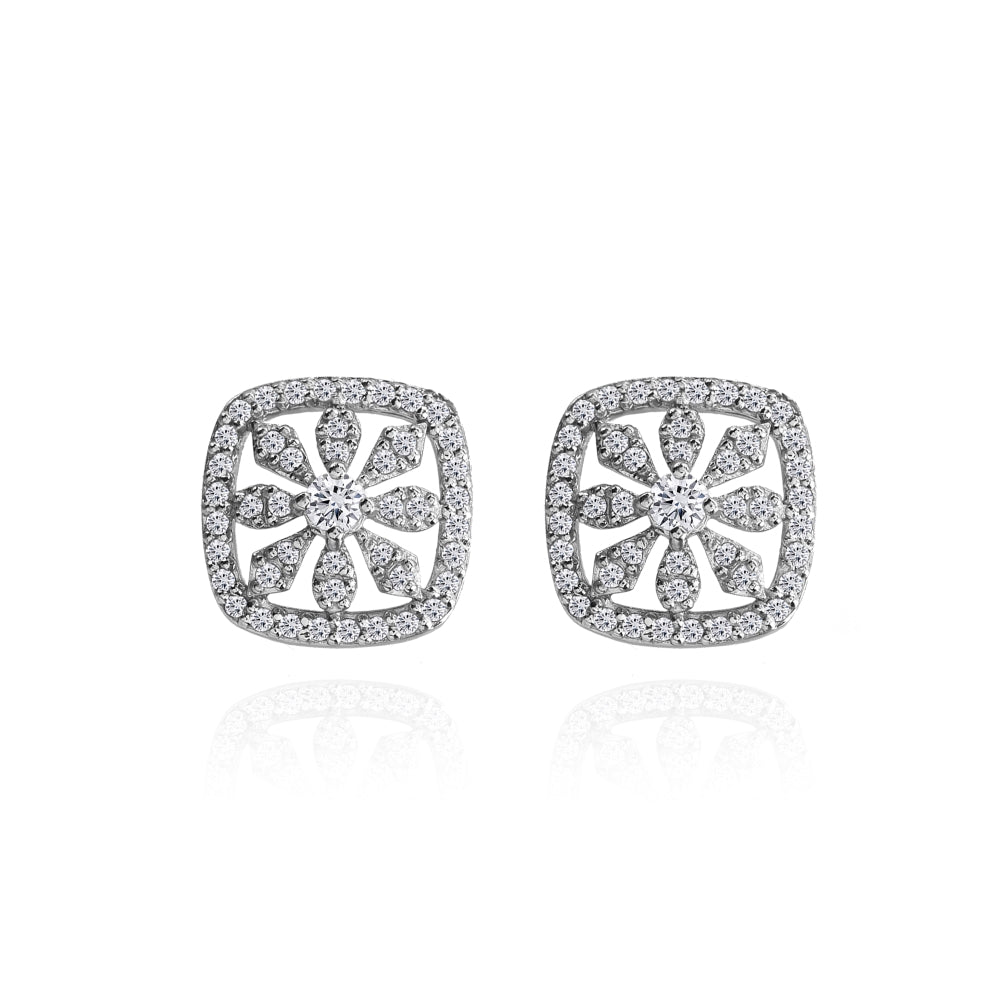 Sterling Silver Cubic Zirconia Flower Cushion-Shape Stud Earrings-2