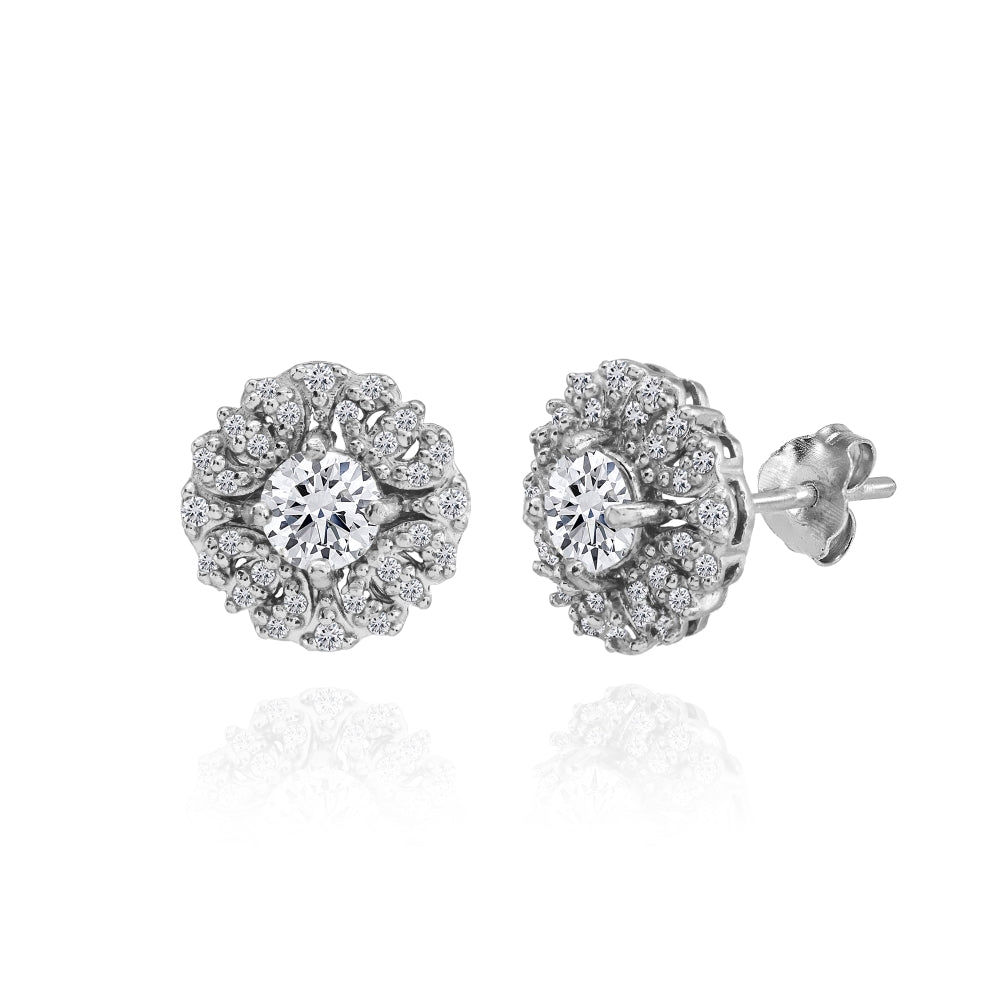 Sterling Silver Cubic Zirconia Round Flower Cluster Stud Earrings