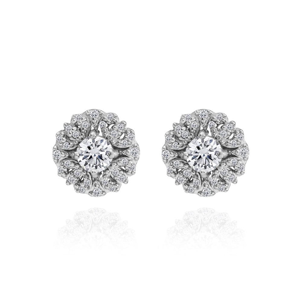 Sterling Silver Cubic Zirconia Round Flower Cluster Stud Earrings-2