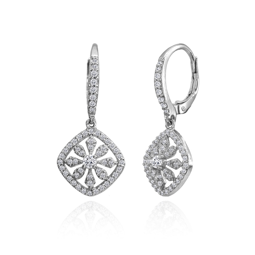 Sterling Silver Cubic Zirconia Flower Cushion-Shape Dangle Leverback Earrings