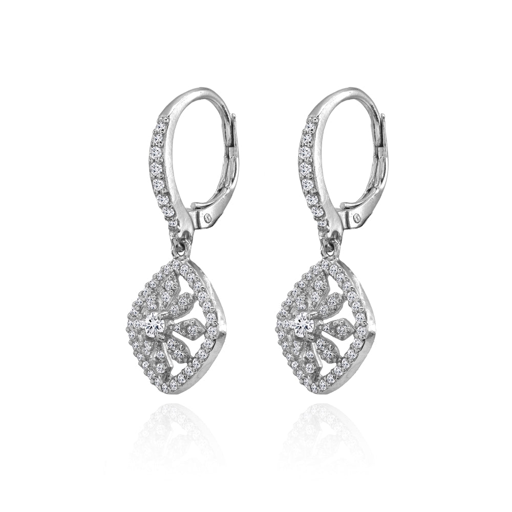 Sterling Silver Cubic Zirconia Flower Cushion-Shape Dangle Leverback Earrings-2