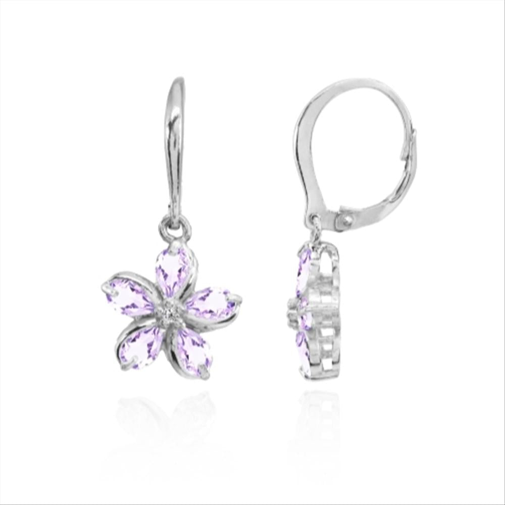 Sterling Silver Amethyst Polished Flower Dangle Leverback Earrings-2