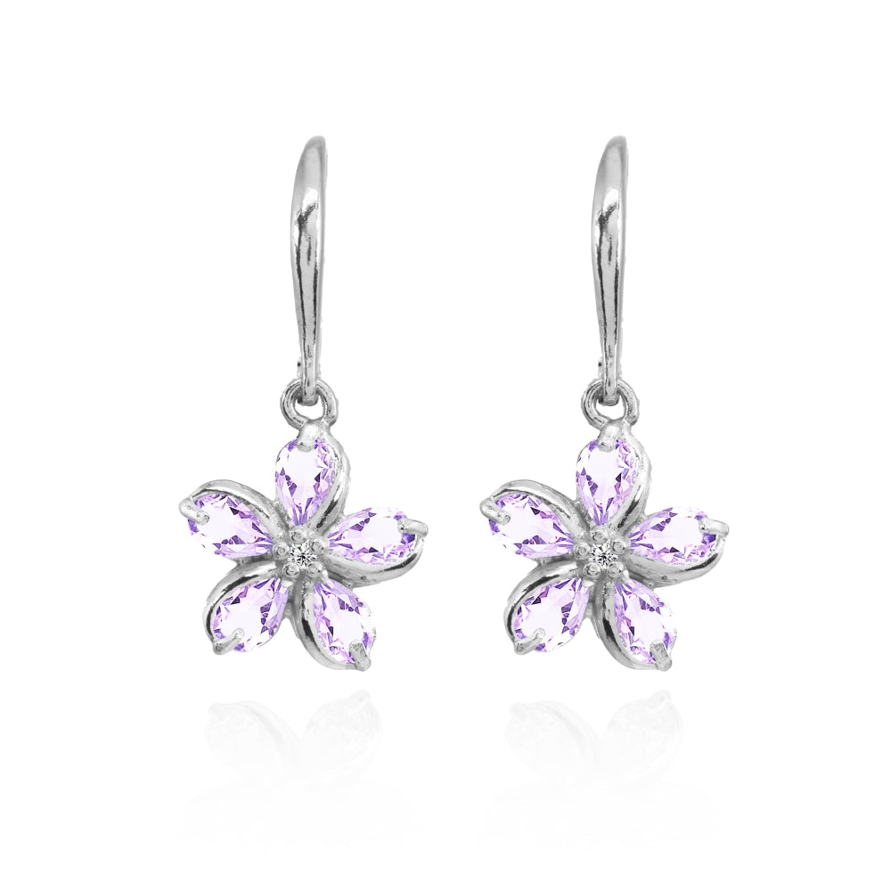 Sterling Silver Amethyst Polished Flower Dangle Leverback Earrings-3