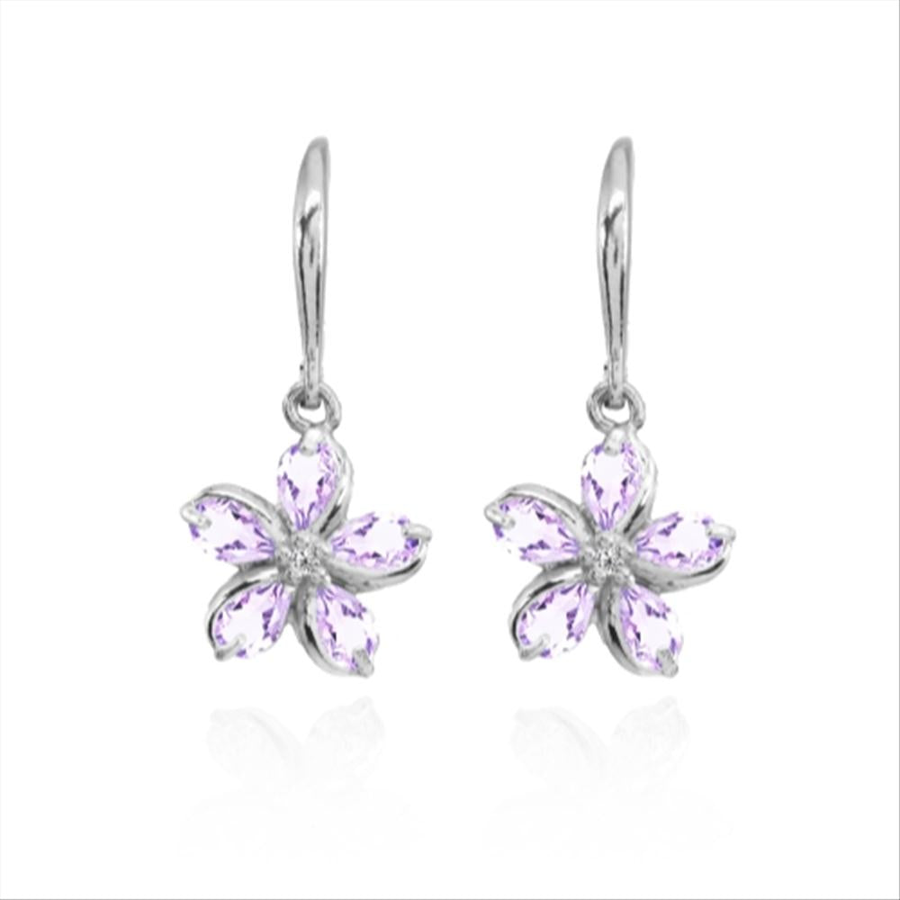 Sterling Silver Amethyst Polished Flower Dangle Leverback Earrings-4