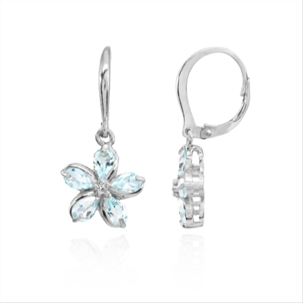 Sterling Silver Blue Topaz Polished Flower Dangle Leverback Earrings-2