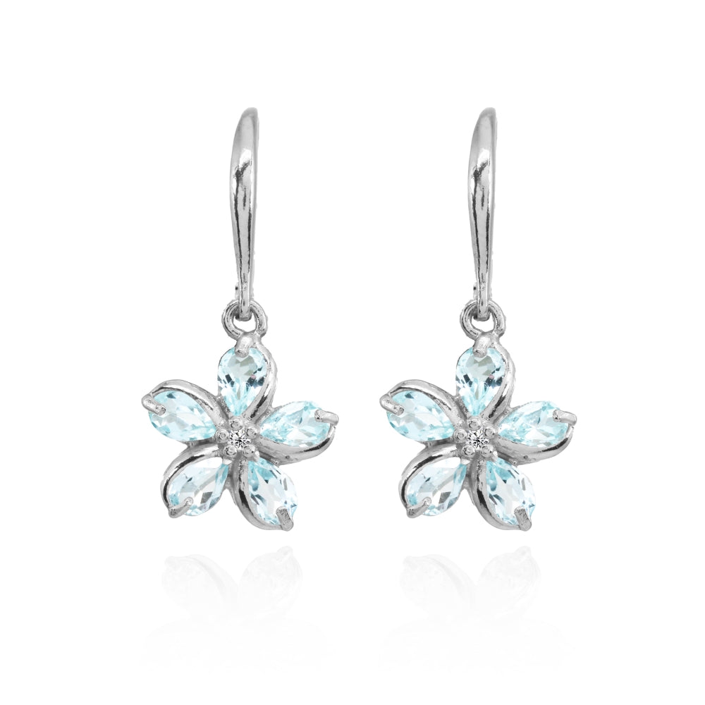 Sterling Silver Blue Topaz Polished Flower Dangle Leverback Earrings-3