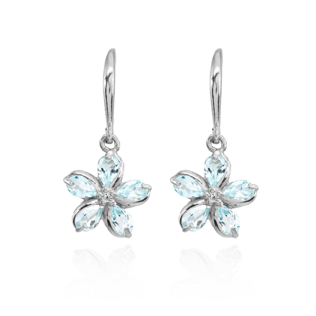 Sterling Silver Blue Topaz Polished Flower Dangle Leverback Earrings