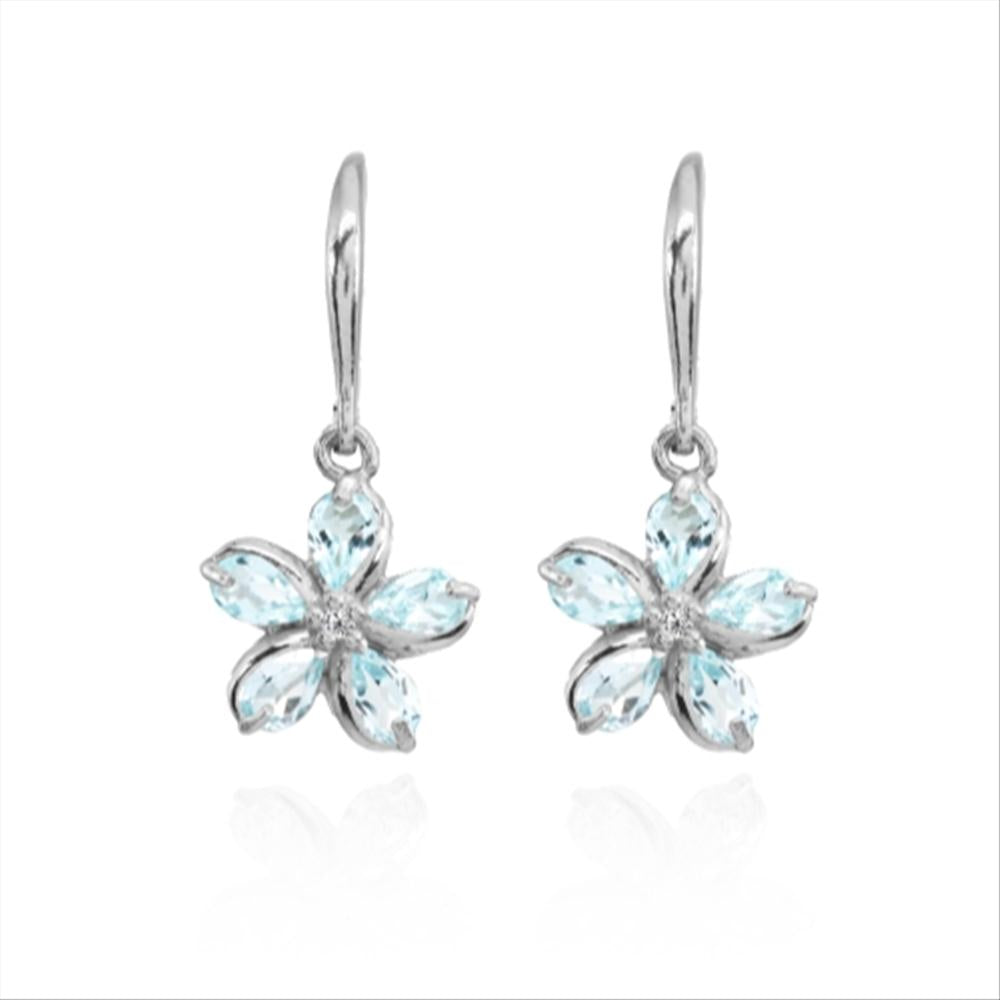 Sterling Silver Blue Topaz Polished Flower Dangle Leverback Earrings-4